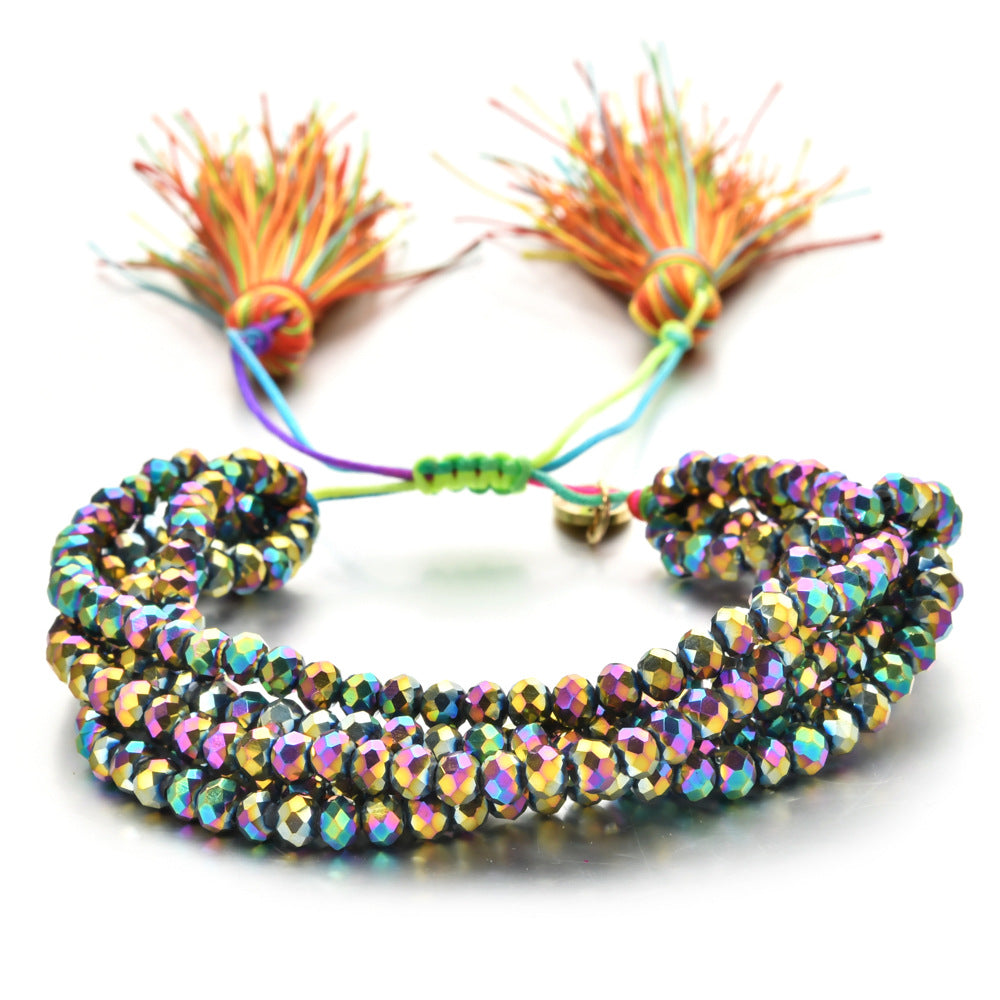 Wholesale Crystal Beads Engraved Agate Tassel Braided Bracelet Colorful